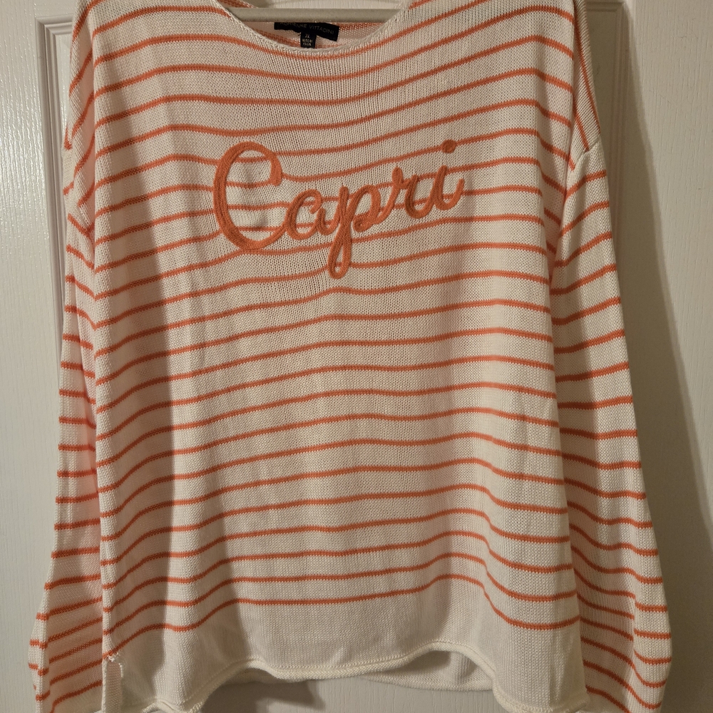 Adrienne Vittadini Orange and White Crew Neck Sweater